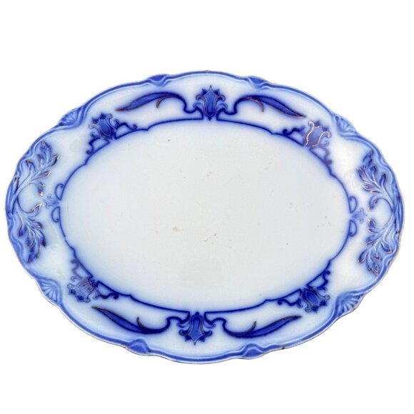 Antique W H GRINDLEY Flow Blue Porcelain Oval Serving Platter England Lotus 12" - Picture 1 of 10